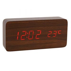 Lancoon Horloge Numérique en Bois Réveil à LED Multifonctions avec Affichage De L'heure/De La Date/De La Température Et Commande Vocale pour Le Voyage à Domicile - AC11Brown_Red (Lancoon, neuf)