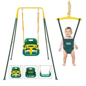 FUNLIO balançoire 2 en 1 pour bébé avec Sièges sauteurs Suspendus, pour Enfants avec 4 Sacs de Sable, Support en métal Pliable en intérieur/extérieur pour Porte, Facile à Assembler - Vert (EletreeEU, neuf)