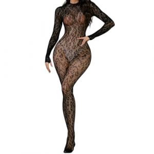 PARUPRUP Bodystockings Femme en Dentelle L&eacute;opard Catsuit Une Pi&egrave;ce R&eacute;sille Transparente &agrave; Manches Longues Fishnet Body Combinaison (l&eacute;opard Body) (lichao1233, neuf)