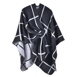 NLAND Poncho Ch&acirc;le Femme Chaud Grande &Eacute;charpe Hiver &Eacute;l&eacute;gante Poncho Cape &agrave; Ouverture Tartan Style Douce Ch&acirc;le (Noir) (WINKINI, neuf)