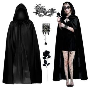 Byhsoep 5PCS Cape à Capuche Noire pour Halloween, Cape à Capuchon, avec Masque en Dentelle, Chaîne d'anneau Gothique, Cape Sorcier pour un déguisement d'Halloween ou de Carnaval (PCTIN E-COMMERCE S.R.L., neuf)