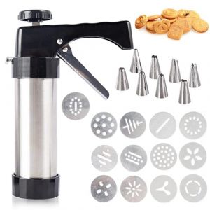 Bubuny Presse &agrave; P&acirc;tisserie, Professionnelle a Patisserie Aciers Inoxydables Machine &agrave; Biscuits, Presse &agrave; Biscuits en Acier Inoxydable avec 8 pochoirs, 8 Douilles, Accessoires de p&acirc;tisserie DIY (tengmaodianzi, neuf)