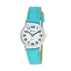 Ravel - Montre Bracelet Femme (Petite) Facile à Lire avec de Gros Chiffres - Cadran Blanc/Ton argenté/Bleu (Montres Ravel, neuf)