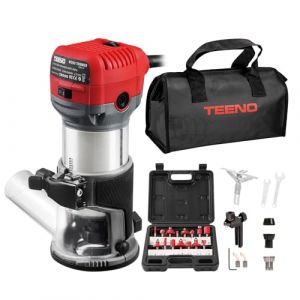 TEENO Affleureuse à Bois Défonceuse Électrique 710W 13000-33000 RPM,Affleureuse Défonceuse Avec 15 Fraises à Défoncer Queue de 1/4",6 Vitesses Variables, Housse anti Poussière,3 Pinces de 6/6.35/8mm (COSMOT, neuf)