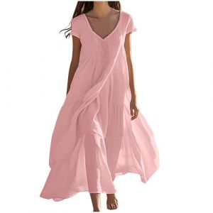 Femme Robe Boheme Chic Coton Lin Manches Longues/Manches Courtes Robe Col V Elegant Robes Swing D'éTé Plage DéContracté Maxi Robes Grande Taille Couleur Unie BohèMe Mi-Longue Dress (HAOLEI  FR, neuf)