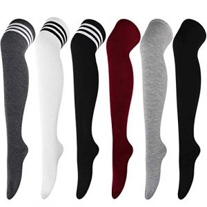 DRESHOW 6 Paires Cuissardes Chaussettes Hautes Montantes Longues Cuisse Chaussettes Dessus du Genou Jambières pour Filles et Femmes,Taille unique,6 Pairs I- Blanc, DimGris, Noir A, Noir B,Gris, Red (Dreshow, neuf)