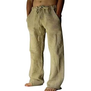 FEOYA Pantalon en Lin pour Hommes Pantalon D'été Léger Pantalon de Yoga Plage Décontracté avec Cordon de Serrage Hommes Pantalon Baggy Kaki L (PYOUEU, neuf)