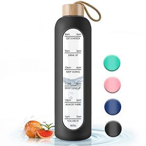 Bouteille en verre de 1L avec marques de temps - Bouteille d'eau sportive en verre avec couvercle en bambou pour le sport, les loisirs, 1000ml, r&eacute;utilisable, incassable, avec &eacute;tui en silicone. (Gistome Direct, neuf)