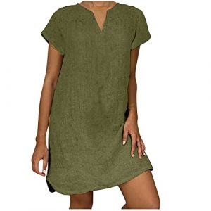Robe d'été en lin pour femme - Robe midi décontractée à manches courtes - Robe en coton - Col en V - Robe tunique grande taille - Robe d'été trapèze - Robe de plage quotidienne, Vert kaki., L (iNSe 51%, neuf)
