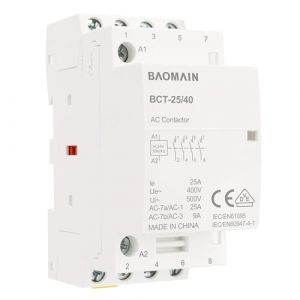 BAOMAIN Contacteur AC, 4 p&ocirc;les NO, 25A, AC 220V/240V Tension de bobine,Homologu&eacute; VDE, 35 mm Montage sur rail DIN, BCT-25/40_4NO (4P 4NO 220V) (BAOMAIN, neuf)
