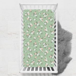 Odot Drap Housse pour Lit de Bébé, Impression de Fleurs Draps Housses Enfants Respirant Douce Extensible Protège Matelas pour Lit Bébé, Berceau, Lit Parapluie (Vert,45x90 cm) (Odot, neuf)