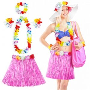 Aomig Jupe Hawaïenne, Déguisement Hawaïen Accessoires 40cm Jupe Hawaïenne en Paille avec Taille Élastique en Herbe Hula, Fournitures de Fête d'Été Parfaites à Hawaii Aloha Beach(Rose) (OODDH, neuf)