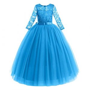 Fille Robe de Demoiselle d'honneur Princesse Dentelle Tutu Tulle Mariage Robe Longue de Soir&eacute;e Formelle F&ecirc;te d'anniversaire Soir&eacute;e C&eacute;r&eacute;monie Manches 3/4 Robe de Premi&egrave;re Communion Bleu 11-12 Ans (FYMNSI store, neuf)