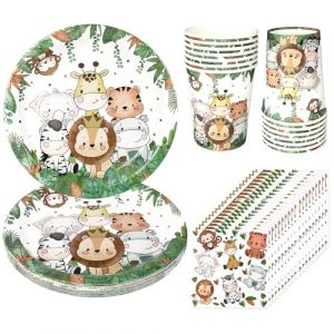 Lot de 52 Pi&egrave;ces de Vaisselle, Assiette Anniversaire Jungle Safari Enfants F&ecirc;te Assiettes en Carton Serviette Gobelets pour D'enfant pour 16 Personnes (Hoteck.Fr.Store, neuf)