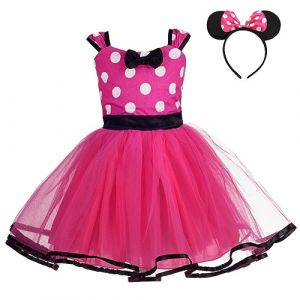 Lito Angels Deguisement Princesse Bebe Fille 6-9 mois - Robe Anniversaire Halloween Carnaval Fete avec Serre-t&ecirc;te Oreilles Offerte - Pois Rose Fluo (&eacute;tiquette 80) (Lito Angels FR, neuf)