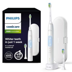 Philips Sonicare ProtectiveClean 5100, Brosse à dents électrique sonique avec 3 modes de brossage, capteur de pression, minuterie et étui de voyage, blanc, modèle HX6859/29 (Flanco Retail, neuf)