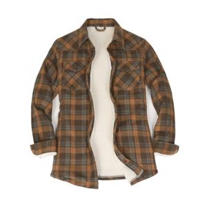 ZENTHACE Veste en flanelle &agrave; carreaux avec doublure en polaire de sherpa pour femmes, veste en flanelle avec boutons (doublure sherpa compl&egrave;te), caf&eacute;, L (ZENTHACE, neuf)
