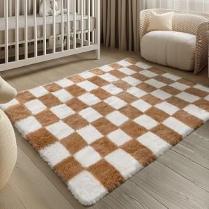HUGEAR Tapis Salon Shaggy Damier Tapis Chambre Adulte Fille Doux Moelleux Descente de lit AntidéRapant Moderne Grand Tapis Marron Blanc Poudré 120×180cm Decoration Chambrel (RONGBEN, neuf)