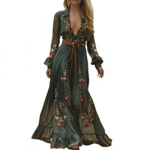 Ycbmingcan Robe longue pour femme - Style vintage rustique boh&egrave;me - Col en V - Robe &agrave; motif floral - Taille haute - Maxi robe d&eacute;contract&eacute;e - Printemps - Manches longues - Robe boh&egrave;me western country (YCBMINGCAN, neuf)