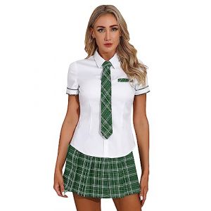 Alvivi Femme Ensemble Lingeire Tenue Ecoliere Schoolgirl Cosplay Etudiante Costume Halloween Mini Jupe &Agrave; Carreaux & Chemise Jeu De R&ocirc;le Clubwear Vert C L (Acfunny-eu, neuf)