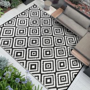 Famibay Tapis d'Extérieur Imperméable, Tapis Exterieur Resistant Pluie, Tapis de Pliable Réversible, Tapis de Terrasse, pour Jardin, Camping-Car, Balcon, Camping Noir-blanc180*270cm (Pretty Decor, neuf)