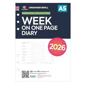 Recharge d'agenda 2026 au format A5 - Semaine sur une page - Compatible avec Filofax A5 - 148 x 210 mm (Domina Group Ltd, neuf)