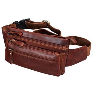ROYALZ 'Vegas' Sac Banane en Cuir pour Homme et Femme Sac &agrave; la Taille Sac de Ceinture Plat R&eacute;tro Look Vintage 5 Compartiments Sac &agrave; Bandouli&egrave;re crois&eacute;, Couleur:Marron Cognac Roma (ROYALZ France, neuf)