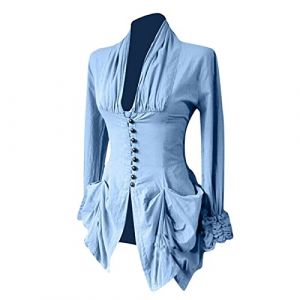 RKaixuni Chemisier victorien de la Renaissance pour femme - Costume de pirate médiéval vintage lotus à volants - Chemise à manches longues, bleu, M (RKaixuni, neuf)