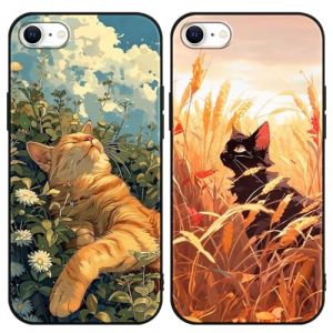 Yimctoie 2 Pi&egrave;ces Coque pour iPhone 7/8/SE 2020/SE 2022 4,7",Mignon Orange Chat Noir Chaton Aesthetic Fleurs Ciel Motif Cover,Cute Cat Marguerite Antichoc Protection Silicone TPU Souple Phone Case (JOSS SKELTON, neuf)