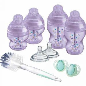 Tommee Tippee Biberon Kit Naissance pour Nouveau-N&eacute; Closer to Nature, T&eacute;tines Imitant le Sein Maternel, Valve Anti-Colique, Biberons 2x260ml 2x150ml,Sucette,Goupillon, Violet (miababy, neuf)