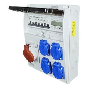 RoadEu - Coffret de Chantier, Distributeur mural. Prise CEE 16A et 4x 230V. Distributeur de courant avec compteur et disjoncteur. Tableau électrique avec indicateur de consommation d'énergie (RoadEu, neuf)