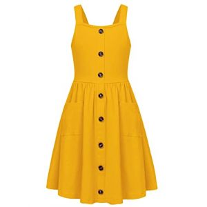 Arshiner Filles Robes sans Manches Enfants Robe d'été avec Bouton Robe en Coton échangiste Robe Festive A-Ligne Robe décontractée élégante Bretelles Robe pour Fille 13-14 Ans (Arshiner Store, neuf)