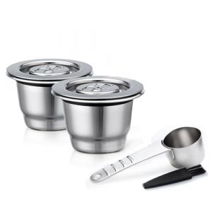 Capsule de Caf&eacute; R&eacute;utilisable en Acier Inoxydable pour Nespresso - Filtre Rechargeable avec Cuill&egrave;re et Pinceau (2 Capsules) (RECAFIMIL-FR, neuf)