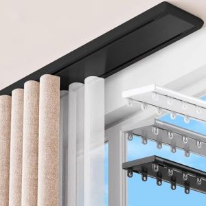 Aluminium Rail De Rideau Rail Rideaux Plafond Double Tringle A Rideaux avec Rouleaux Muets Ensemble De Rails De Plafond Id&eacute;al pour Chambres Et Salons(Noir,3.1m) (ZJMYGS, neuf)