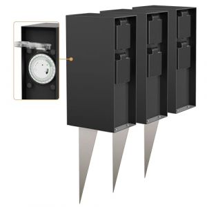 ledscom.de 3 pièces Colonne de Prises de Jardin POMI avec Piquet de Terre pour l'extérieur, IP44, minuterie/Timer, 2X, Noir, carré, 23cm (LEDs Com GmbH, neuf)