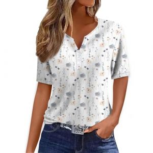 Mon Compte Client a Mazon Vetement Femme Ete Élégant Mode Boheme Boutonné Imprimé Floraux Tunique Henley Chemisier Sexy Coupe Col V Manches Courtes Basique Tee Haut Haut Femme Chic(Blanc,XL) (LOAMD, neuf)