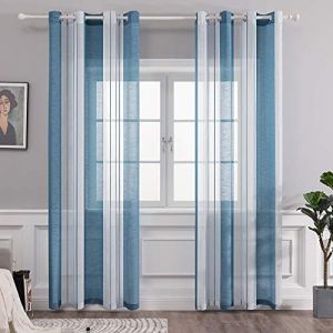 MIULEE Rideaux Voilage à Rayures Blancs et Bleu, Voilages Intérieurs avec Oeillets, Beaux Voile Rideau Voilage Fenetre Chambre, Lot de 2 Transparent Rideaux Salon Hauteur 245 CM (MIULEE HOME, neuf)