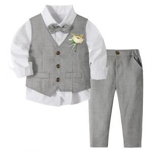 Volunboy Ensemble Costume Bébé Garçon, Cérémonie Formel Mariage 4 Pièces Gilet Chemise Pantalon avec Noeud Papillon (3-4 Ans, Gris, Taille 110) (Volunboy, neuf)