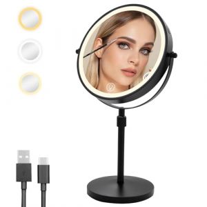 Cuteefun Miroir Grossissant Lumineux, Miroir Grossissant X10 sur Pied, Hauteur et Luminosit&eacute; R&eacute;glables, Rotation &agrave; 360&deg;, 3 Couleurs de Lumi&egrave;re, Id&eacute;al pour Chambre &agrave; Coucher, Salle de Bain, Noir (WangChuan-HT, neuf)