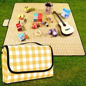 GUSUWU Couverture de pique-nique 200 cm x 200 cm imperméable - Tapis de plage - Tapis de pique-nique lavable et léger avec poignée - Jaune à carreaux - Pour randonnée, voyage, camping, parcs (HCREU, neuf)