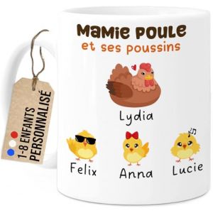 Cupdarling® Mug Mamie Personnalisé avec 1-8 Petits-Enfants - Tasse Cadeau Grand-Mère Poule - Fête Des Grand-Mères - Anniversaire - 330 mL Céramique - 3 Poussins (Tassenliebling, neuf)