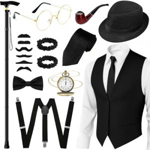 Accessoires pour homme des ann&eacute;es 20, costume de mafia des ann&eacute;es 20, costume de mafia des ann&eacute;es 20 avec gilet, cylindre, b&eacute;quille pliable, bretelles, cravate, n&oelig;ud papillon, moustache, tenues pour (chaowu-EU, neuf)