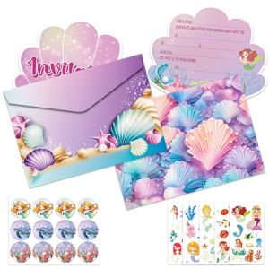 Ghope Invitation Anniversaire Fille, 12 Cartes d'Invitation Sir&egrave;ne Coquillage en Fran&ccedil;ais avec Enveloppes et Autocollants, 5 Tatouages de Papillons, Invitation d'anniversaire enfant Fille (Kelley_deal, neuf)