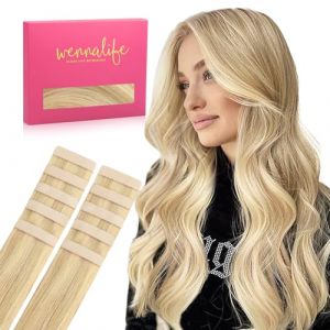 WENNALIFE Extension Cheveux Naturel Adhesive, 35cm 25g 10pcs Extension Adhesive Cheveux Naturel, Extension Cheveux Naturel Remy Invisibles, Blond Clair à Blond Doré Accentué (wennalife-FR, neuf)