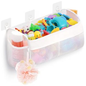 Lifewit Rangement Jouet Bain, Filet Jouet Bain Bebe avec 2 Compartiments, Sac Rangement Jouet Baignoire, Organisation de Jouets avec 3 Crochets Adh&eacute;sifs pour Baignoire, Salle de Bain, Blanc (Lifewit Home FR, neuf)