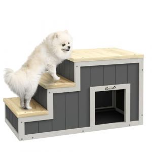 PawHut Escalier 2 en 1 pour chiens, Escalier pour chats avec grotte, Escalier pour animaux domestiques avec 3 marches, Rampe pour animaux domestiques en bois, Escalier pour chats jusqu'&agrave; 30 kg, pour (AOSOM-DE, neuf)