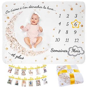 Couverture Etape Bébé en Français | Inclut Guirlande Photo Anniversaire 1 An | Tapis Mois Bebe Garçon Ou Fille, Unisexe | Lune, Étoiles | Cadeau Baby-Shower Personnalisé Jeunes Mamans| Star Banner (Odoxia, neuf)