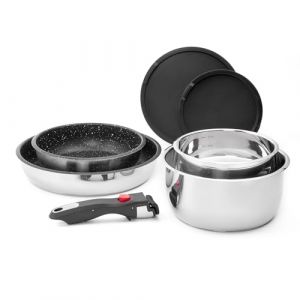 ROSSETTO Batterie de cuisine 7 pièces induction inox poele Set de casseroles avec poignées amovibles, poêle antiadhésive sans PFAS de 20/26 cm et casserole de 16/20 cm, résistante au four (ROSSETTO, neuf)