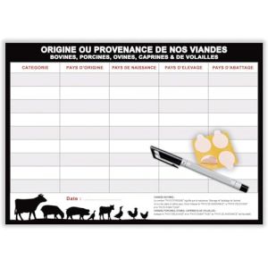 Affichage obligatoire restaurant origine viandes bovines, porcines, ovines etc... - Panneau provenance viandes 2025 - A4 plastifié effaçable + feutre + pastilles adhésives (OouPVnoir) (Bon'impression, neuf)