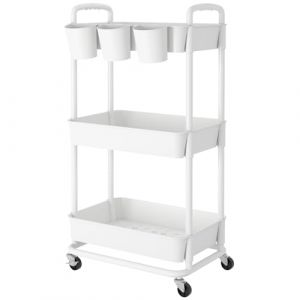 JIUYOTREE Chariot de Rangement &agrave; 3 Niveaux, roulettes en Plastique verrouillables, poign&eacute;es, gobelets Suspendus suppl&eacute;mentaires, pour Salon, Salle de Bain, Salle de Bain, Cuisine, Bureau, Blanc (JIUYOTREE, neuf)